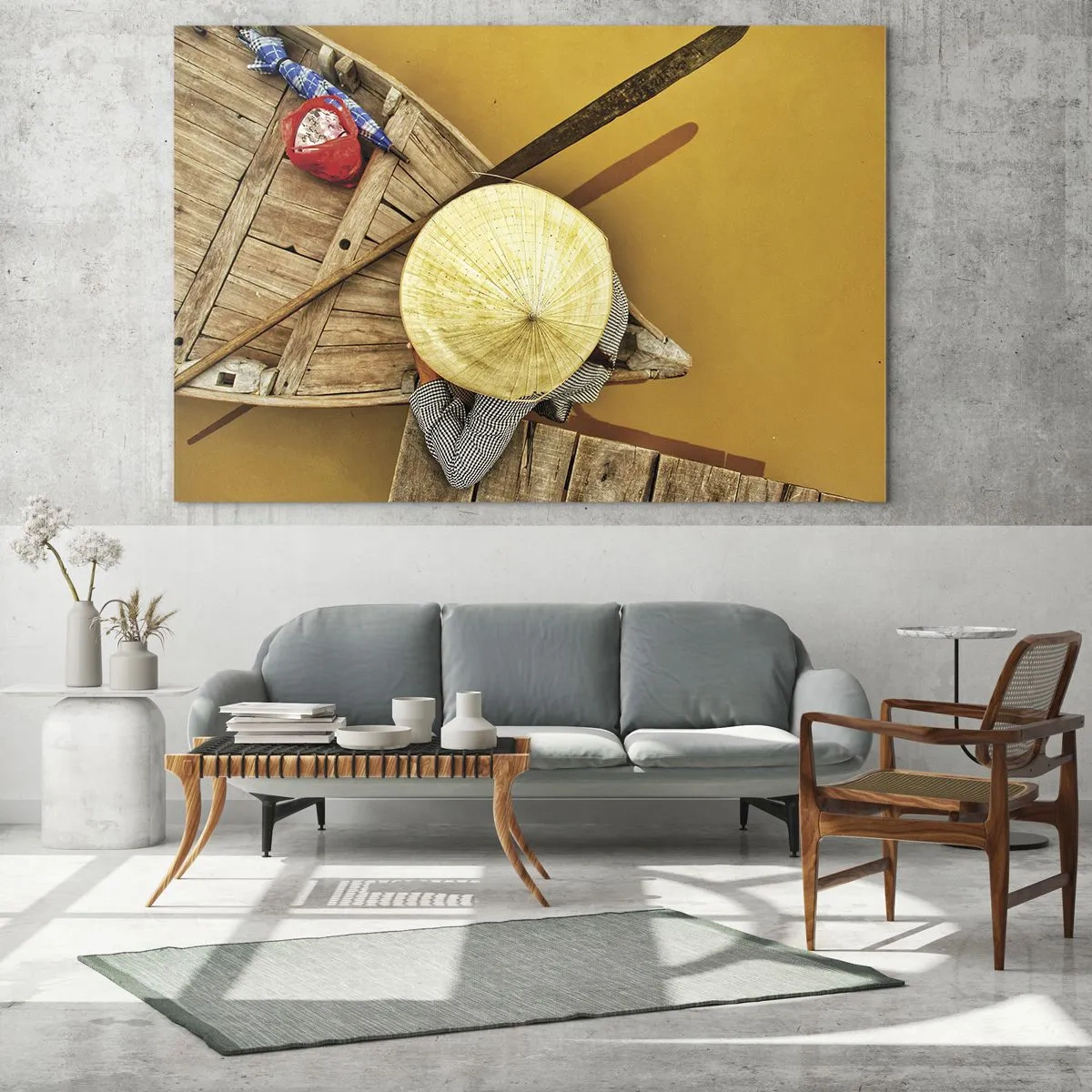 Impression sur verre - Image sur verre - Vue de dessus d'un bateau et d'une personne portant un chapeau conique - 120x80cm - La vie sur le fleuve Jaune - Décoration murale moderne pour le salon et la chambre ARTTOR