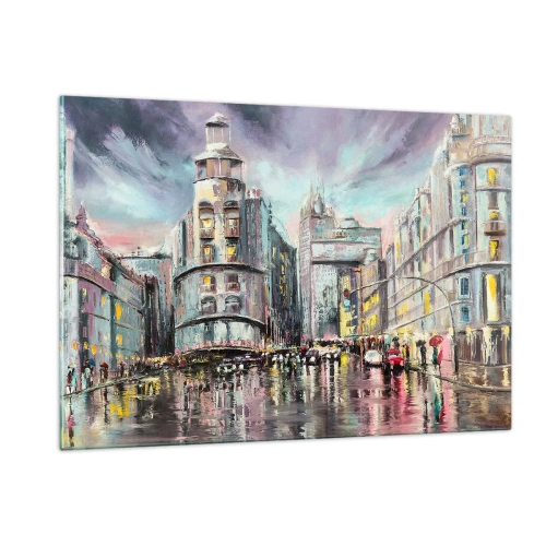 Impression sur verre - Image sur verre - Une rue de la ville sous la pluie avec un reflet spectaculaire des lumières - 120x80cm - Ce sera une soirée réussie - Décoration murale moderne pour le salon et la chambre ARTTOR