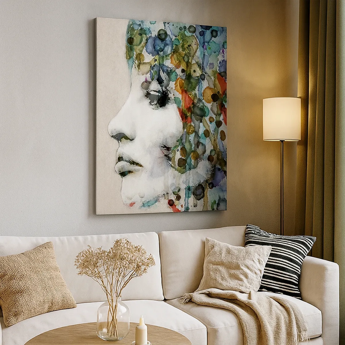 Impression sur toile - Image sur toile - Profil d'une femme aux couleurs aquarelles avec un fond abstrait - 50x70cm - Elle est sortie de la grisaille - Décoration murale moderne pour le salon et la chambre ARTTOR
