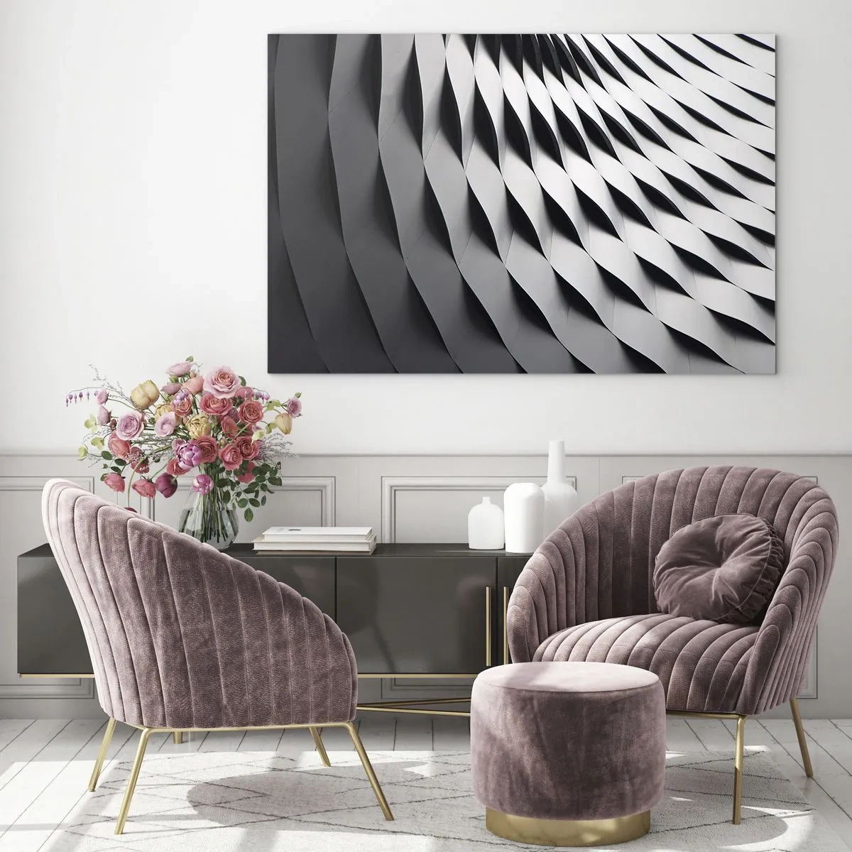 Impression sur verre - Image sur verre - Une structure abstraite en noir et blanc ressemblant à des formes ondulées. - 100x70cm - A la surface des vagues - Décoration murale moderne pour le salon et la chambre ARTTOR