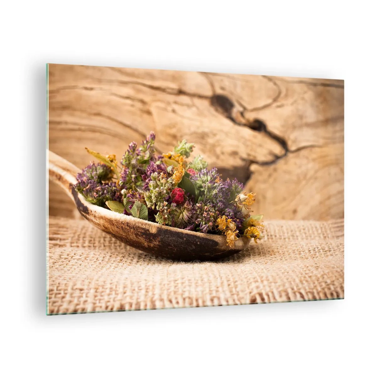 Impression sur verre - Image sur verre - Herbes séchées dans une cuillère en bois sur un fond rustique - 70x50cm - Fleurs colorées et herbes parfumées - Décoration murale moderne pour le salon et la chambre ARTTOR