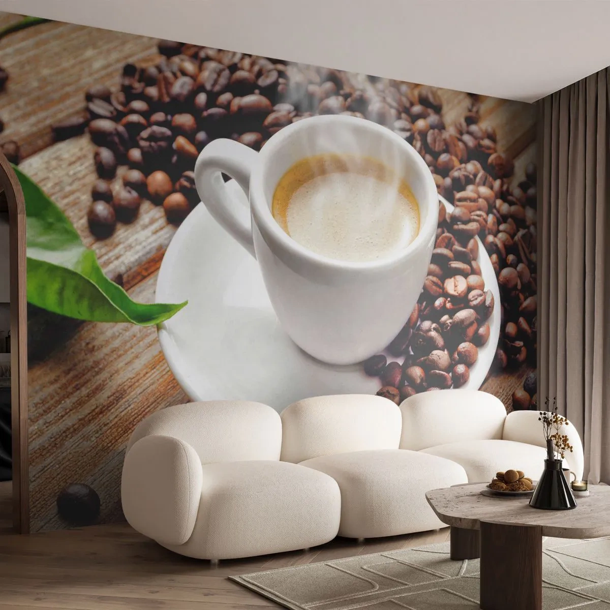 Papier Peint Photo Standard Eco - Une tasse de café sur une table en bois avec des grains de café - 100x70cm - Café sur un banc - Décoration murale moderne pour le salon et la chambre ARTTOR