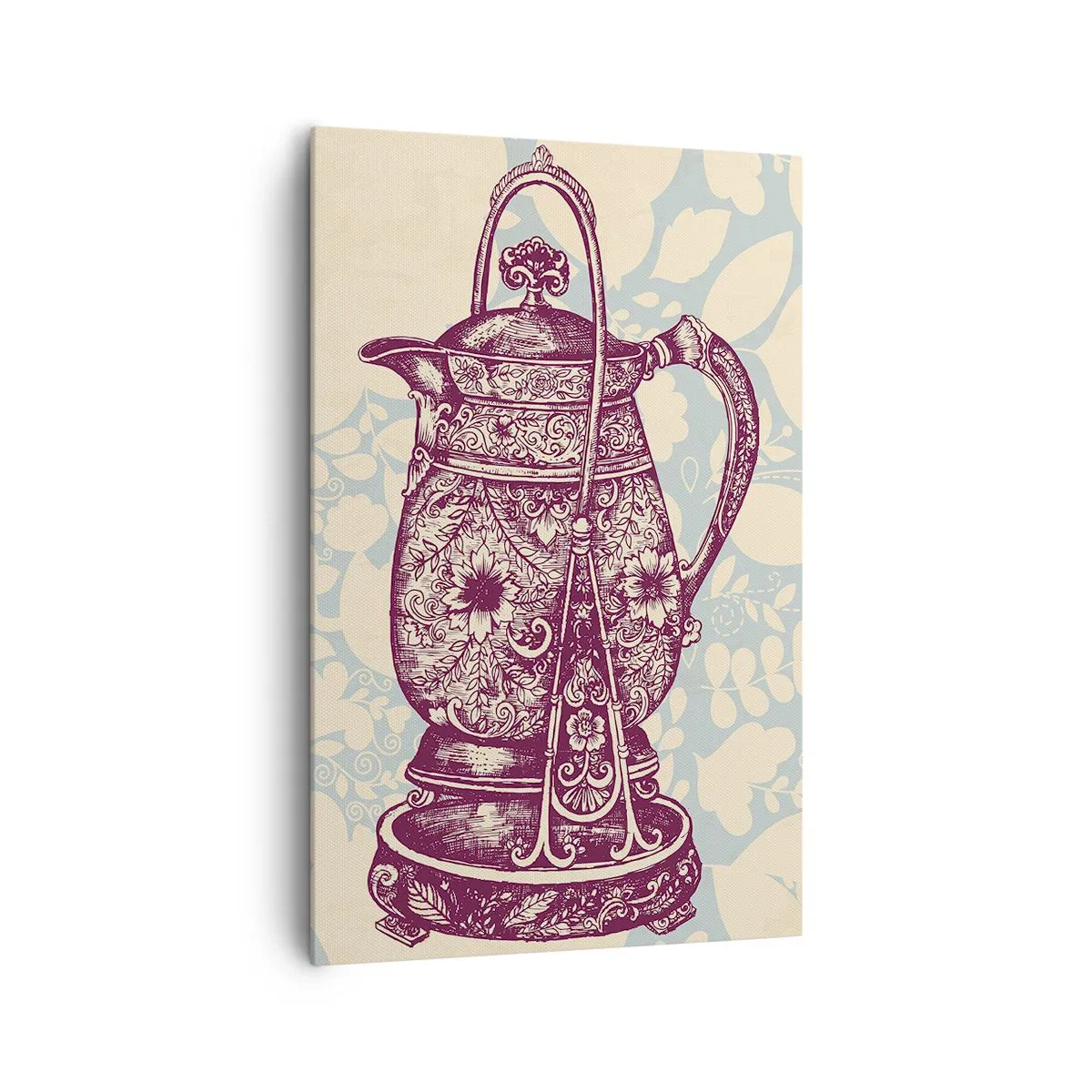 Impression sur toile - Image sur toile - Cruche stylisée avec ornements sur fond floral - 80x120cm - La beauté du quotidien - Décoration murale moderne pour le salon et la chambre ARTTOR