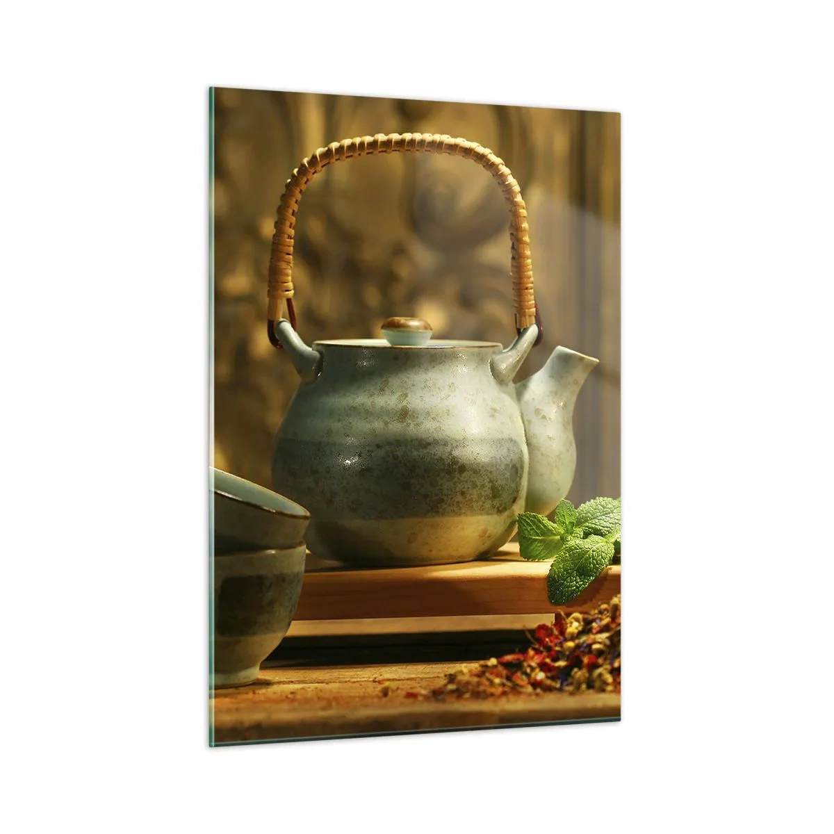 Impression sur verre - Image sur verre - Service à thé en céramique avec des herbes dans une décoration classique - 50x70cm - Un traité sur la consommation de thé - Décoration murale moderne pour le salon et la chambre ARTTOR