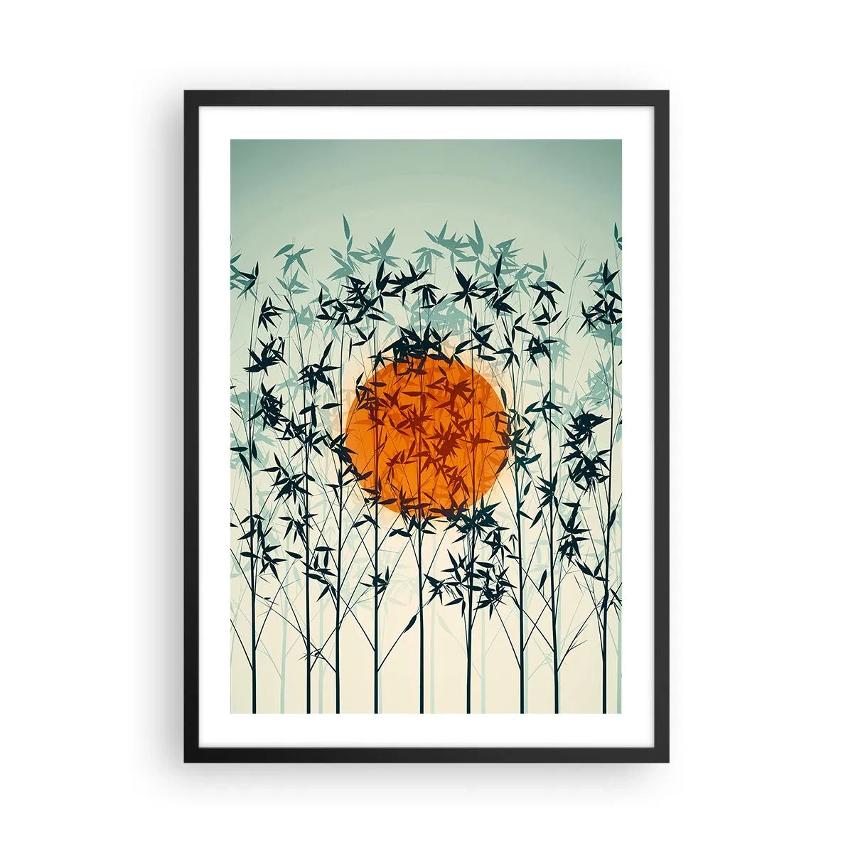 Affiche dans un cadre noir - Poster - Le soleil derrière les branches de bambou - 50x70cm - Soleil japonnais - Décoration murale moderne pour le salon et la chambre ARTTOR