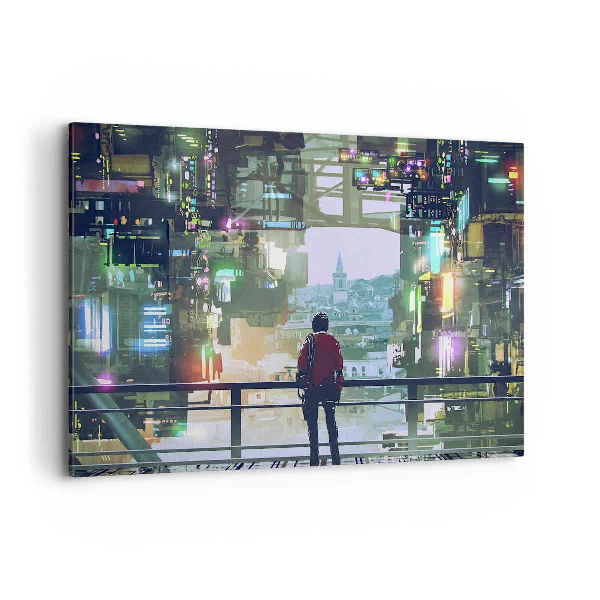 Impression sur toile - Image sur toile - Une silhouette dans une ville futuriste avec des néons - 100x70cm - Deux mondes - Décoration murale moderne pour le salon et la chambre ARTTOR