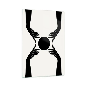 Impression sur verre - Image sur verre - Mains noires dans une composition symétrique avec une boule - 80x120cm - Signe secret - Décoration murale moderne pour le salon et la chambre ARTTOR