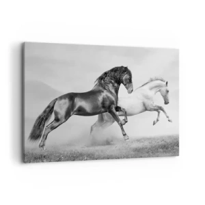Impression sur toile - Image sur toile - Deux chevaux au galop dans une composition dynamique en noir et blanc - 120x80cm - Anges et démons - Décoration murale moderne pour le salon et la chambre ARTTOR