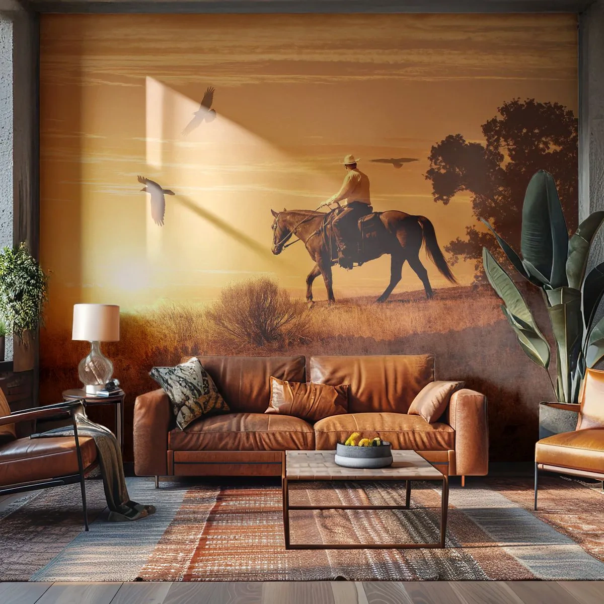 Papier Peint Autocollant Deluxe Sticker - Seul à travers la prairie - Cheval, Cow-boy, Paysage - 150x105 cm