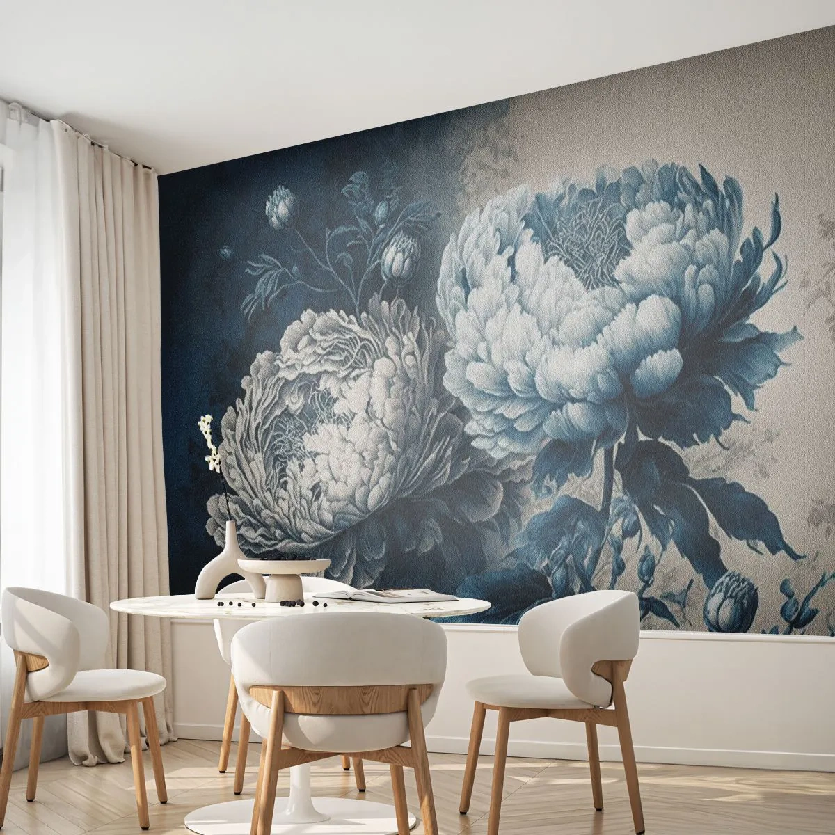 Papier Peint Photo Premium Sand - Fleurs de pivoine dans les tons de bleu et de crème - 100x70cm - Paire assortie - Décoration murale moderne pour le salon et la chambre ARTTOR