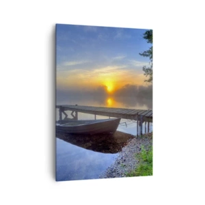 Impression sur toile - Image sur toile - Une jetée au bord du lac au lever du soleil avec un bateau sur le rivage - 70x100cm - Comment l'ordinaire se transforme en magie - Décoration murale moderne pour le salon et la chambre ARTTOR