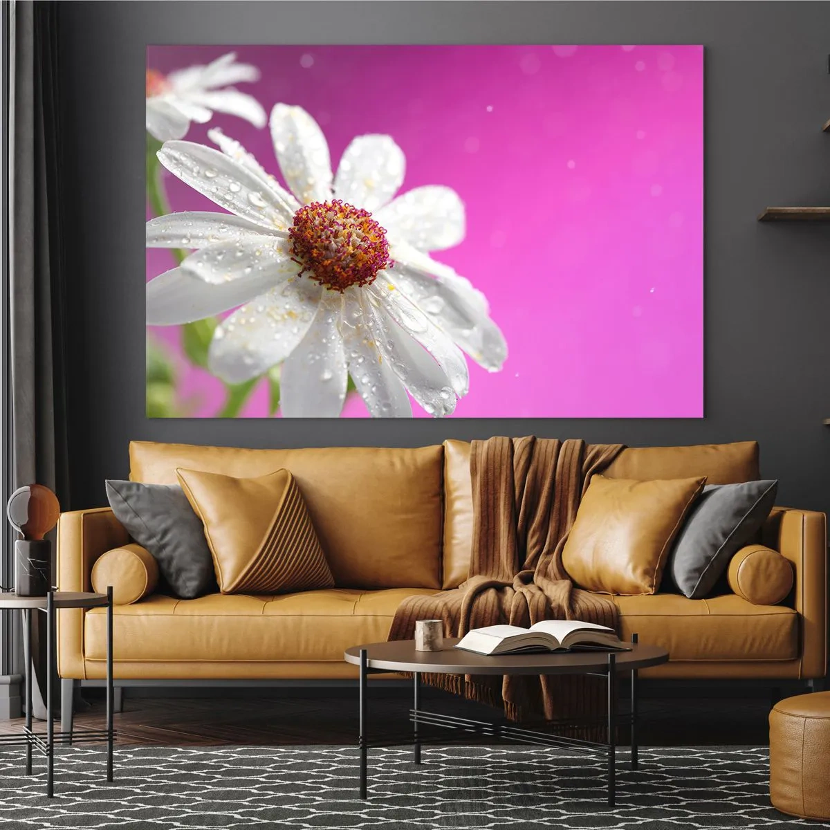 Impression sur verre - Image sur verre - Macrophotographie d'une fleur blanche avec des gouttes de rosée sur un fond rose - 120x80cm - Modeste dans sa beauté - Décoration murale moderne pour le salon et la chambre ARTTOR