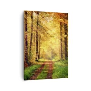 Impression sur toile - Image sur toile - Un chemin forestier entouré d'arbres dorés et verts - 50x70cm - Silence d'or en forêt - Décoration murale moderne pour le salon et la chambre ARTTOR