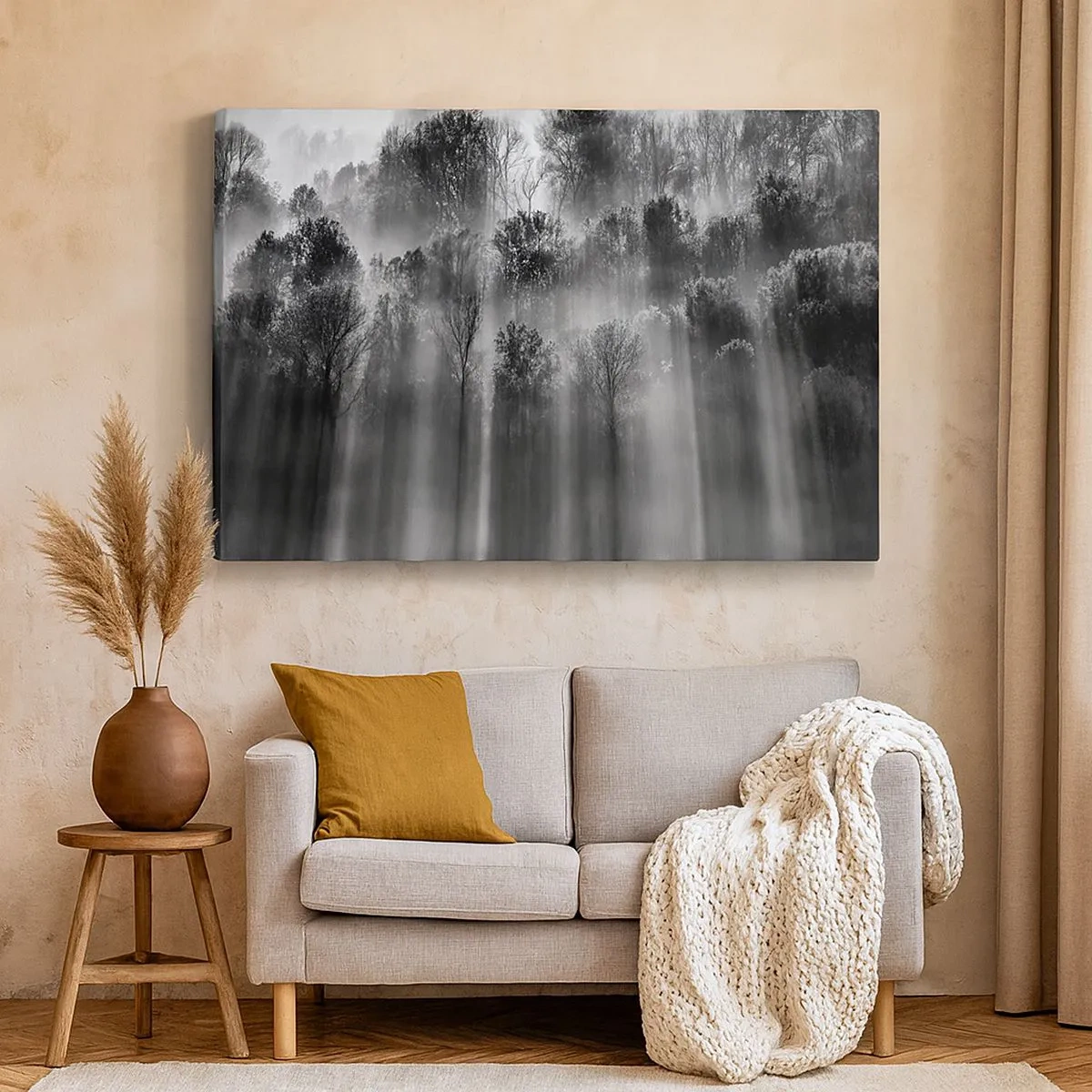 Impression sur toile - Image sur toile - Forêt noire et blanche dans la lumière du matin - 70x50cm - Dans les flots de lumière - Décoration murale moderne pour le salon et la chambre ARTTOR