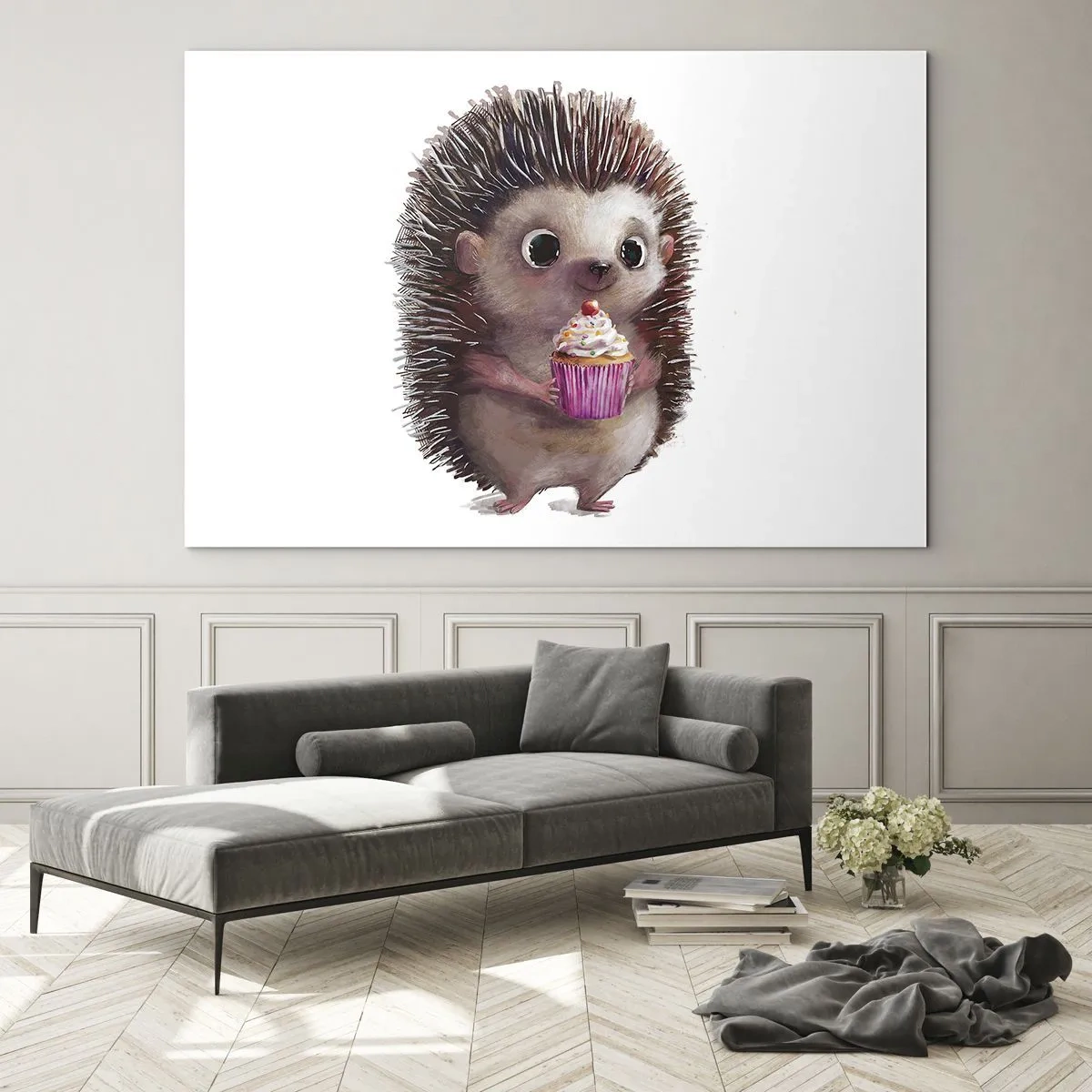 Impression sur verre - Image sur verre - Un hérisson mignon avec un cupcake sur fond blanc - 100x70cm - La fête c'est tous les jours - Décoration murale moderne pour le salon et la chambre ARTTOR