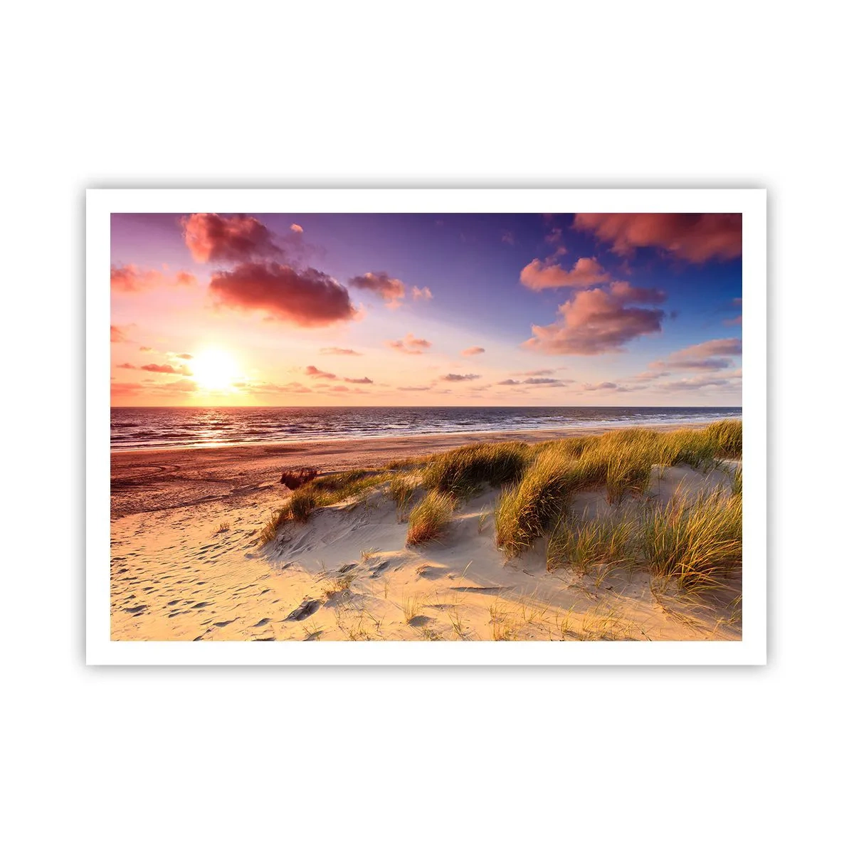 Affiche - Poster - Une plage herbeuse et un coucher de soleil sur une mer calme - 100x70cm - L'air sent déjà l'été - Décoration murale moderne pour le salon et la chambre ARTTOR
