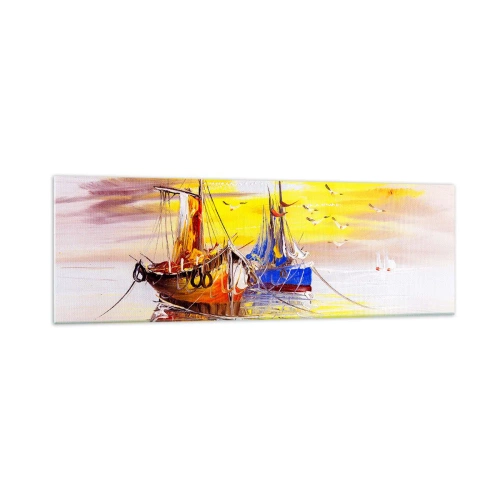 Impression sur verre - Image sur verre - Une scène picturale de bateaux sur une mer calme - 160x50cm - Un repos bien mérité au port - Décoration murale moderne pour le salon et la chambre ARTTOR