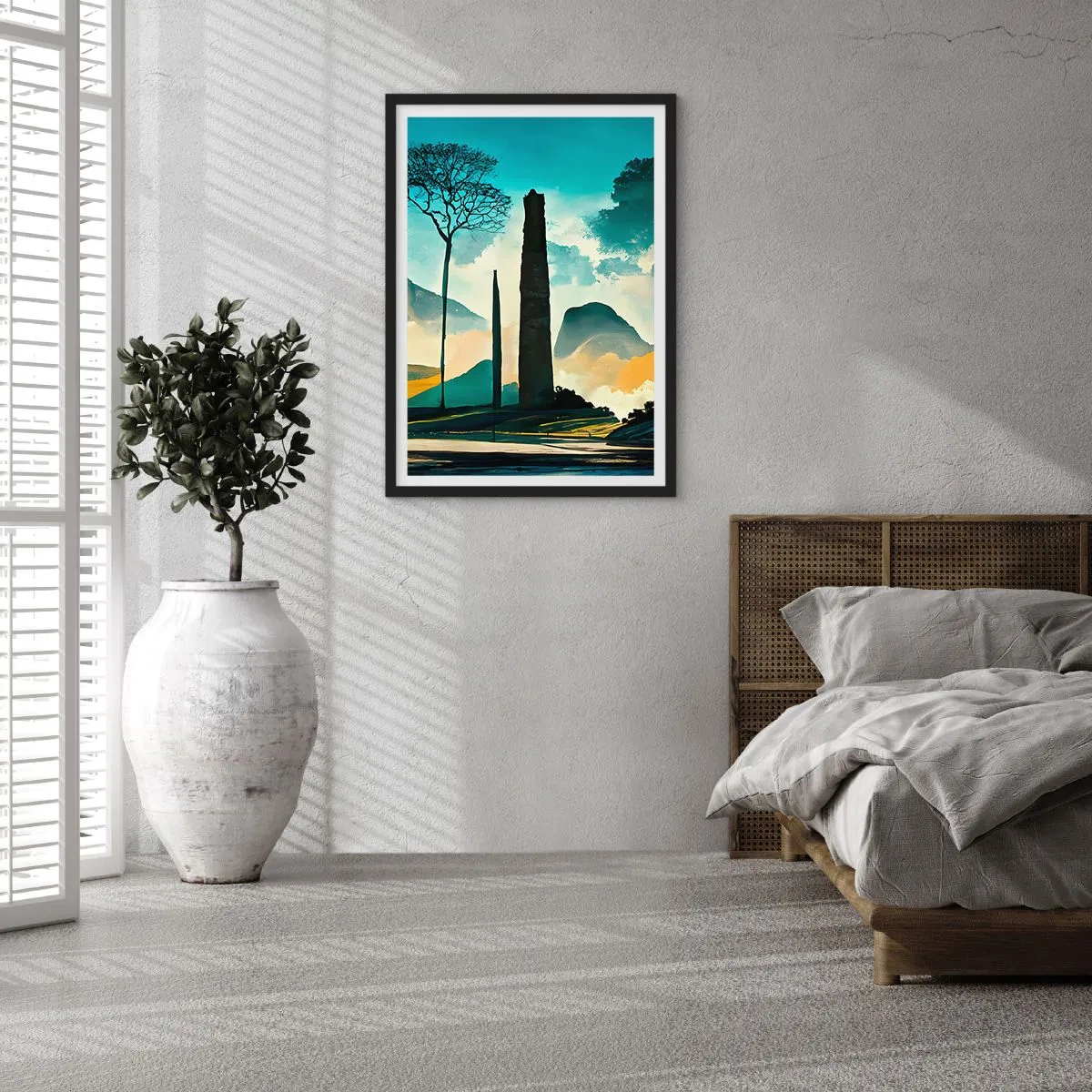 Affiche dans un cadre noir - Poster - Un paysage mystérieux avec des obélisques monumentaux - 50x70cm - Toujours de plus en plus haut - Décoration murale moderne pour le salon et la chambre ARTTOR