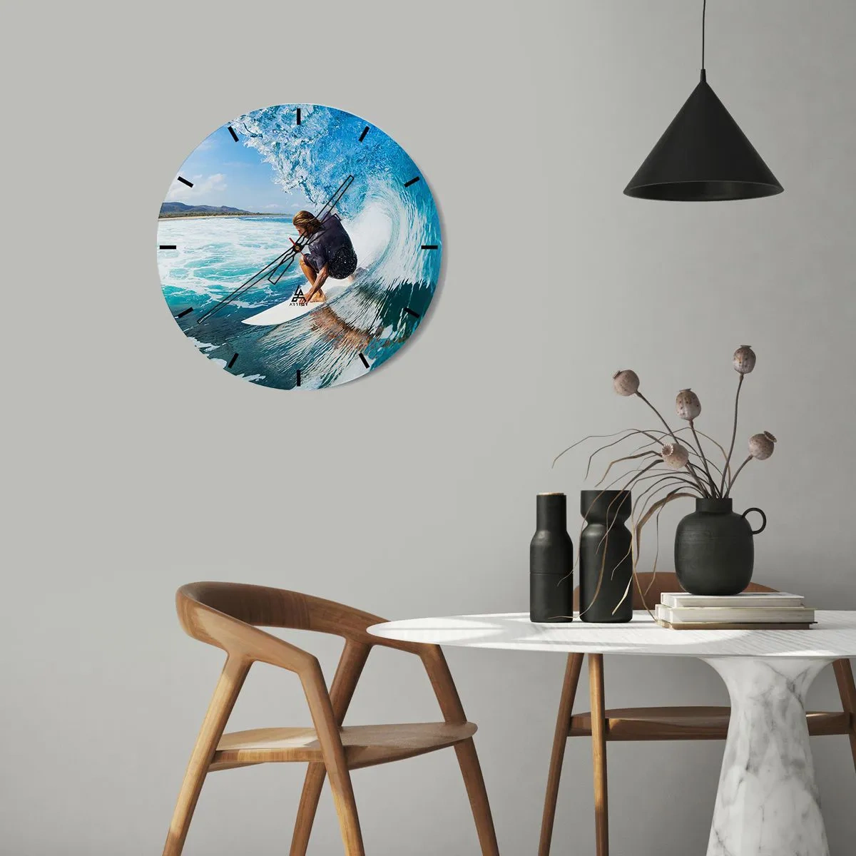 Horloge murale - Pendule murale - Surfeur dans le tunnel des vagues - 30x30cm - Danse avec les vagues - Décoration murale moderne pour le salon, la cuisine et la chambre ARTTOR
