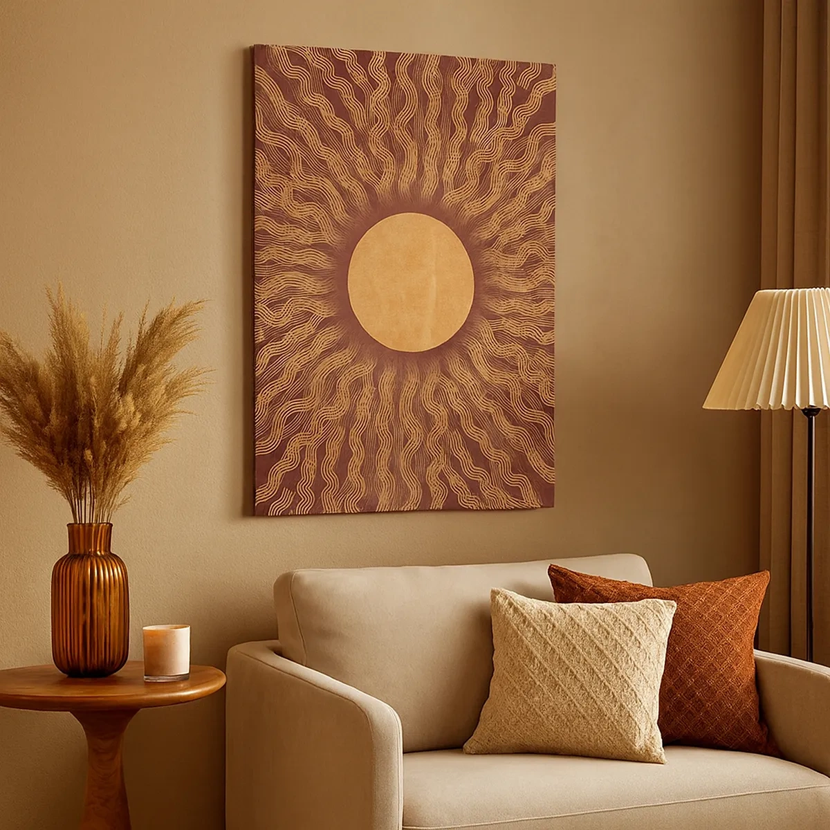 Impression sur toile - Image sur toile - Motif ensoleillé avec des rayons sur un fond dans les tons marron - 50x70cm - Icône du soleil - Décoration murale moderne pour le salon et la chambre ARTTOR