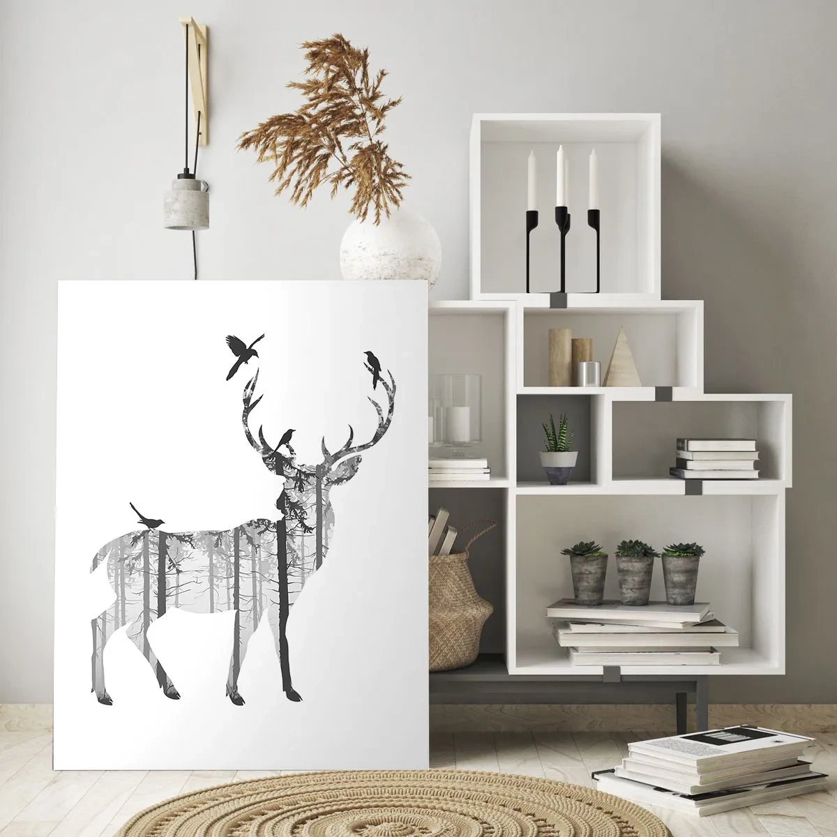 Impression sur verre - Image sur verre - Silhouette graphique d'un cerf avec un motif de forêt et d'oiseaux - 50x70cm - La bonne âme de la forêt - Décoration murale moderne pour le salon et la chambre ARTTOR