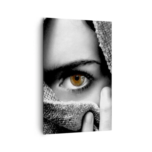 Impression sur toile - Image sur toile - Portrait d'une femme à l'oeil ambré recouvert d'un tissu aux tons gris. - 80x120cm - Apprenez le secret - Décoration murale moderne pour le salon et la chambre ARTTOR