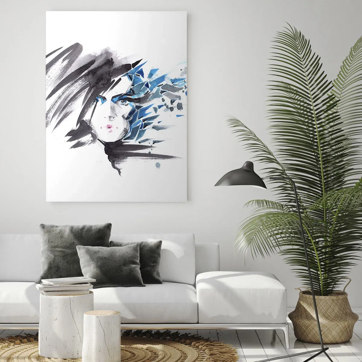 Impression sur verre - Image sur verre - Portrait d'une femme aux accents bleus abstraits - 50x70cm - Portrait sensuel en gris et bleu - Décoration murale moderne pour le salon et la chambre ARTTOR