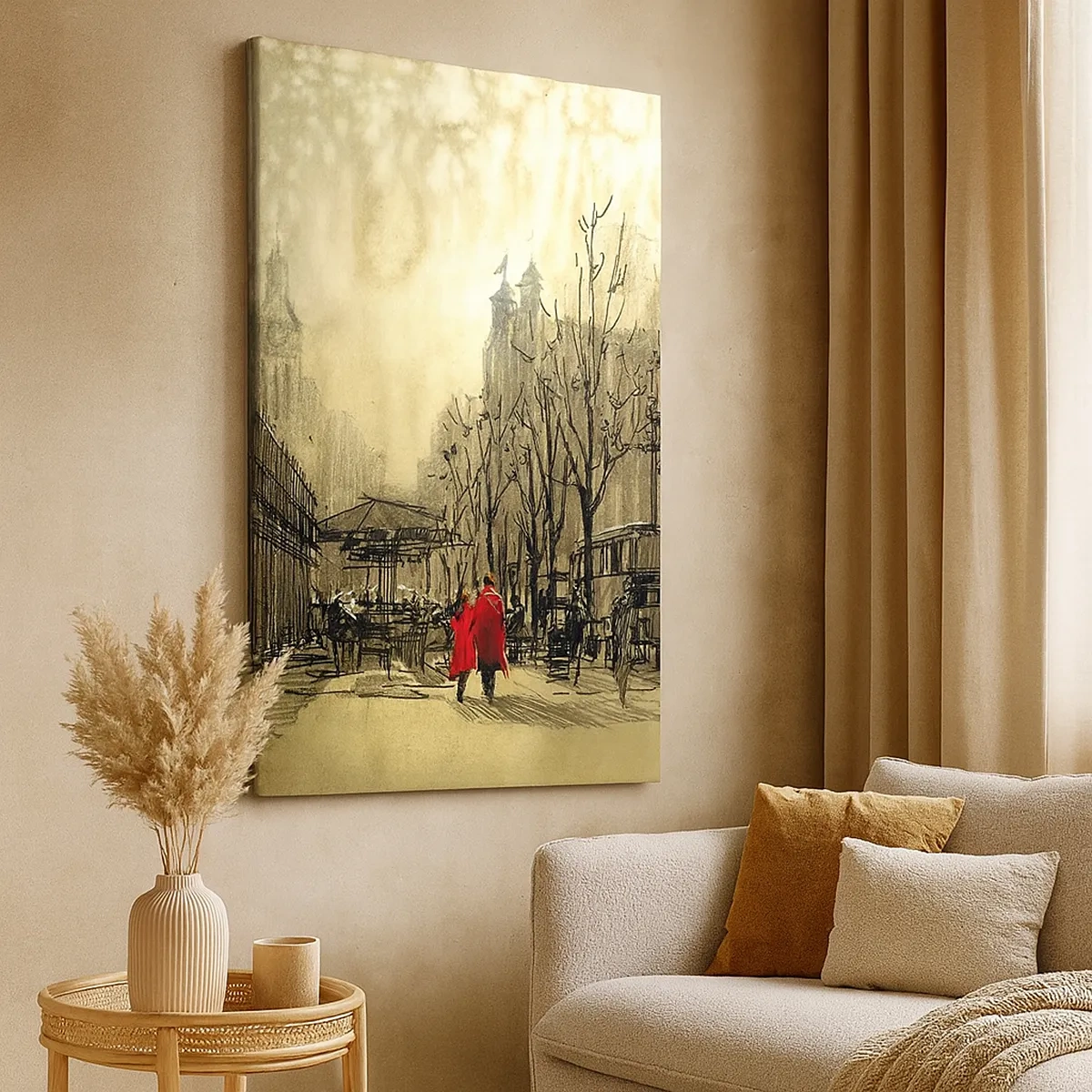 Impression sur toile - Image sur toile - Une figure rouge dans un décor urbain nostalgique - 50x70cm - Rendez-vous dans le brouillard de Londres - Décoration murale moderne pour le salon et la chambre ARTTOR