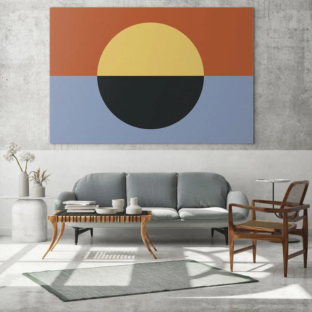 Impression sur verre - Image sur verre - Composition abstraite avec un cercle dans des tons chauds et froids - 120x80cm - Composition de chaleur et de fraîcheur - Décoration murale moderne pour le salon et la chambre ARTTOR