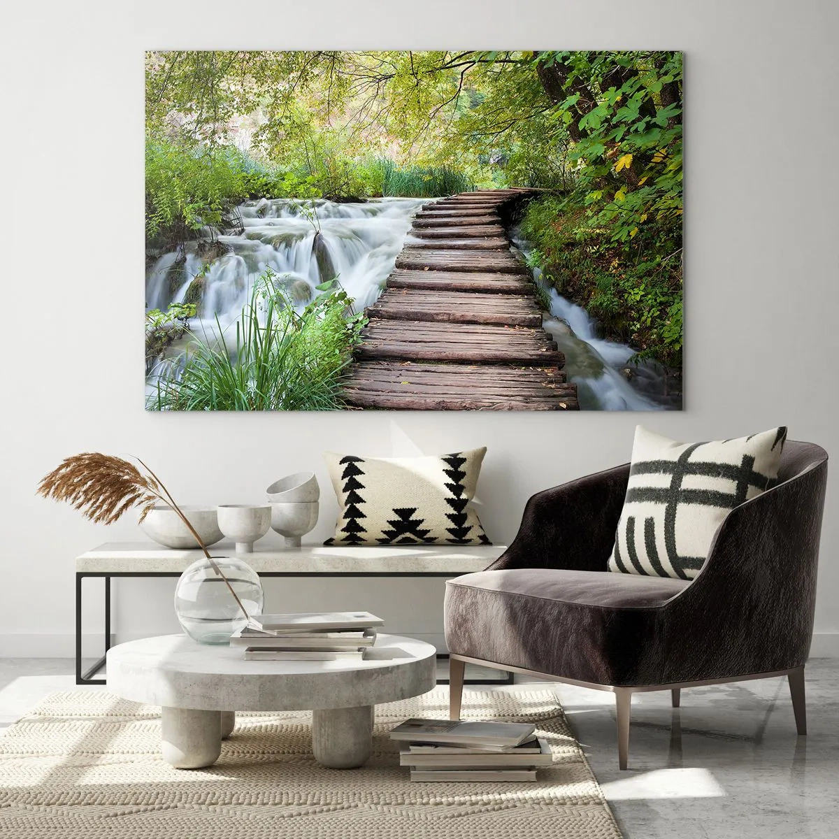 Impression sur verre - Image sur verre - Un pont dans la forêt au-dessus d'un ruisseau - 100x70cm - L'eau n'est pas si calme - Décoration murale moderne pour le salon et la chambre ARTTOR