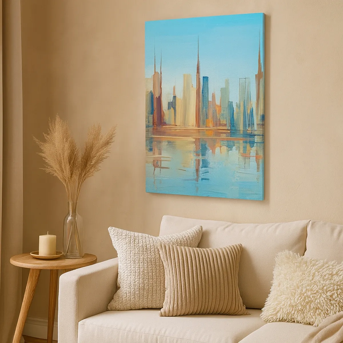Impression sur toile - Image sur toile - Un panorama de la ville aux couleurs chaudes avec reflet dans l'eau - 50x70cm - Une métropole ensoleillée - Décoration murale moderne pour le salon et la chambre ARTTOR