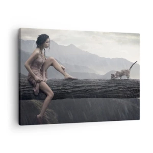 Impression sur toile - Image sur toile - Une femme et un chat sur un tronc d'arbre sous la pluie avec vue sur les montagnes. - 70x50cm - Des sommets de beauté - Décoration murale moderne pour le salon et la chambre ARTTOR