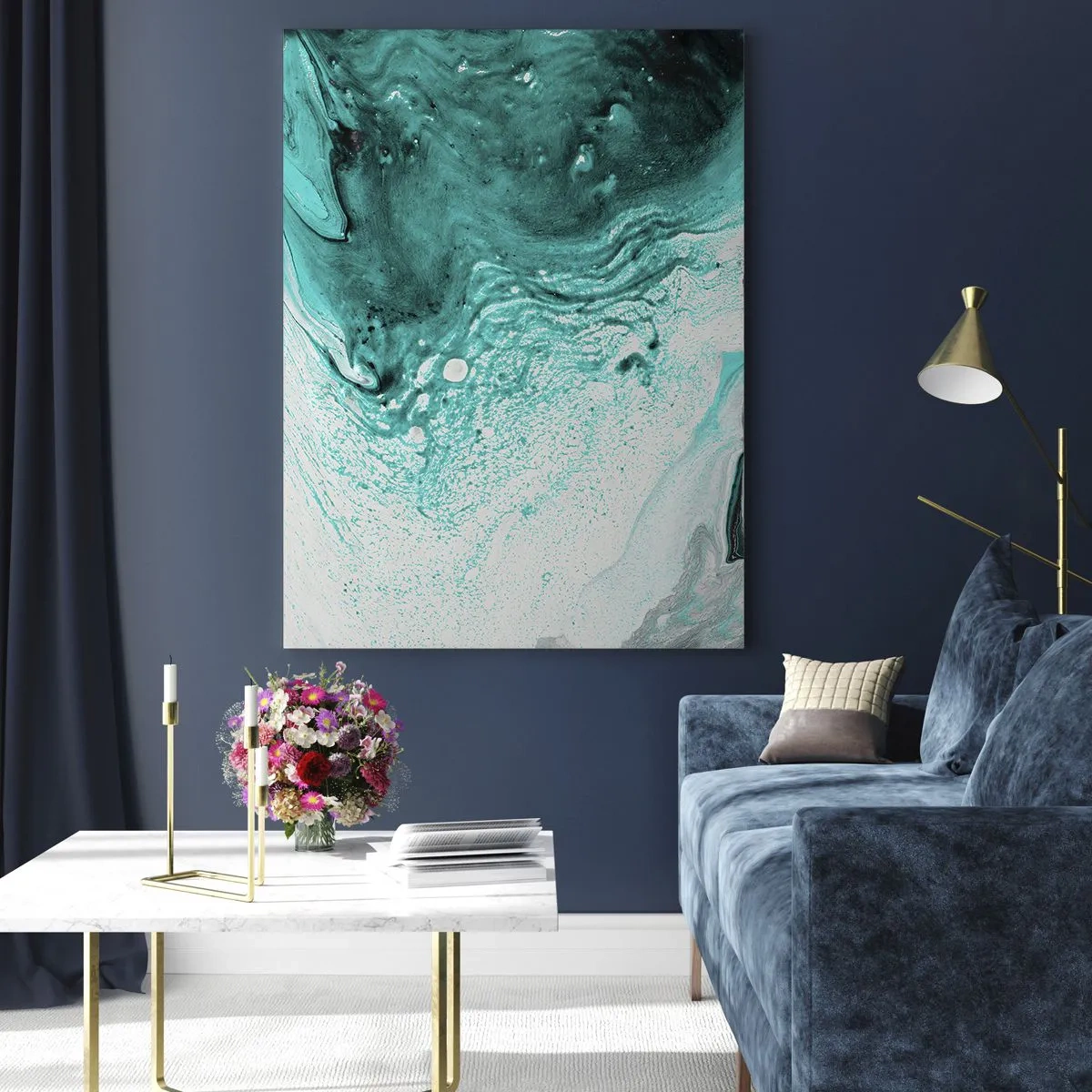 Impression sur verre - Image sur verre - Composition abstraite dans des tons turquoise sur fond blanc - 70x100cm - Se fondre dans le bleu et le turquoise - Décoration murale moderne pour le salon et la chambre ARTTOR