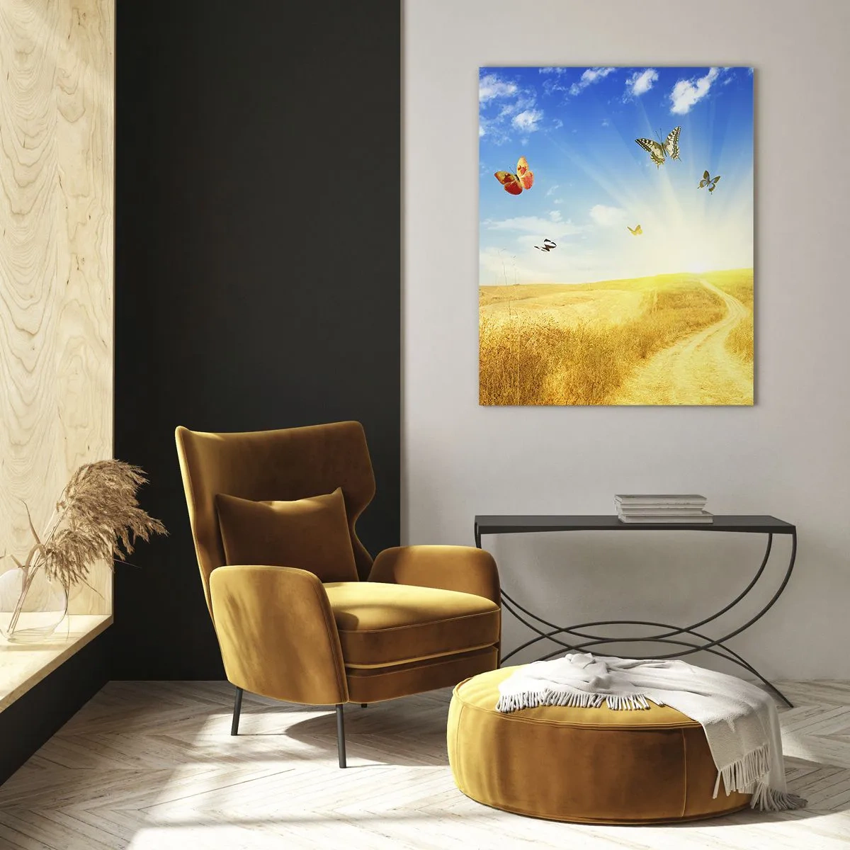 Impression sur verre - Image sur verre - Un champ doré, un chemin et des papillons contre un ciel bleu - 80x120cm - Et comment ne pas aimer l'été ? - Décoration murale moderne pour le salon et la chambre ARTTOR