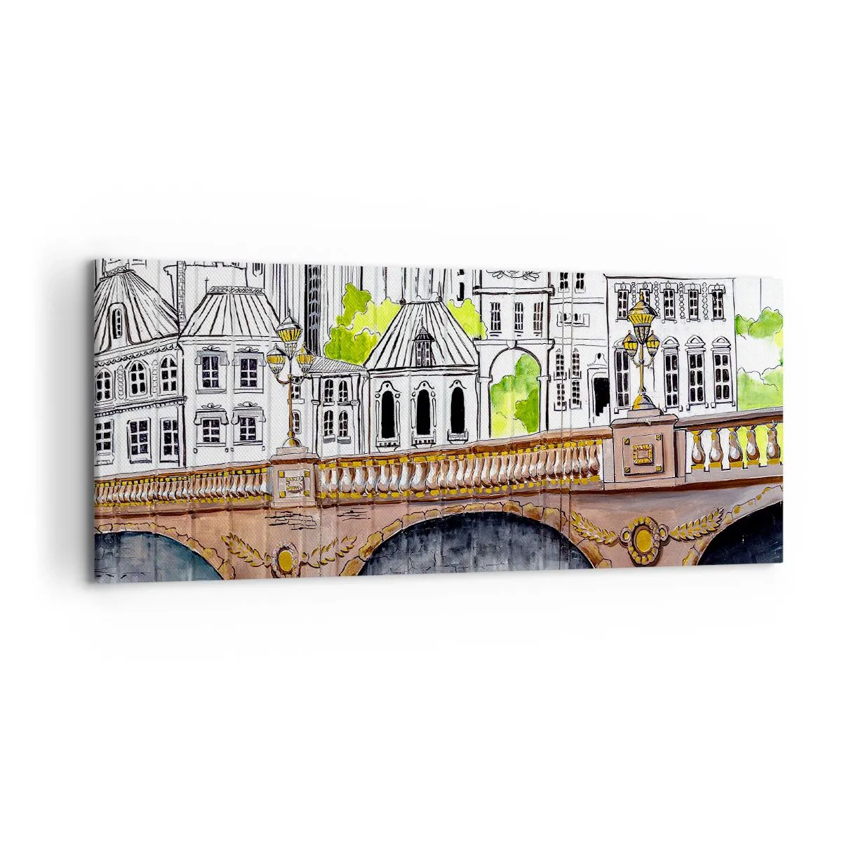 Impression sur toile - Image sur toile - Dessin du pont et de l'architecture urbaine historique - 120x50cm - Une ville comme peinte - Décoration murale moderne pour le salon et la chambre ARTTOR