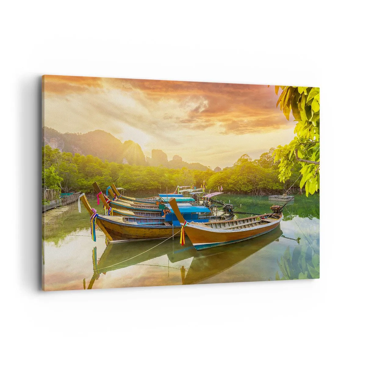 Impression sur toile - Image sur toile - Bateaux traditionnels sur une eau calme au coucher du soleil - 100x70cm - Avant une journée chargée - Décoration murale moderne pour le salon et la chambre ARTTOR