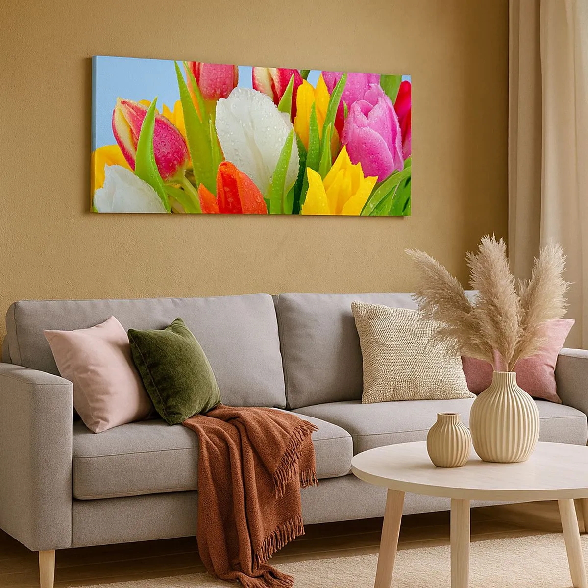Impression sur toile - Image sur toile - Un arc-en-ciel fleuri en gouttes de rosée - 100x40 cm