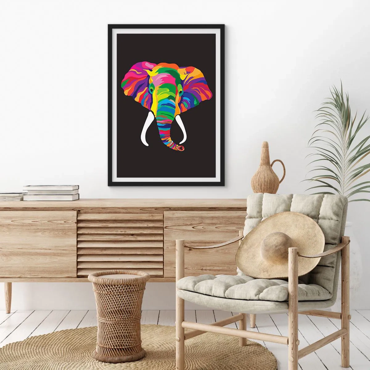 Affiche dans un cadre noir - Poster - L'éléphant qui aimait se baigner dans un arc-en-ciel - 30x40 cm