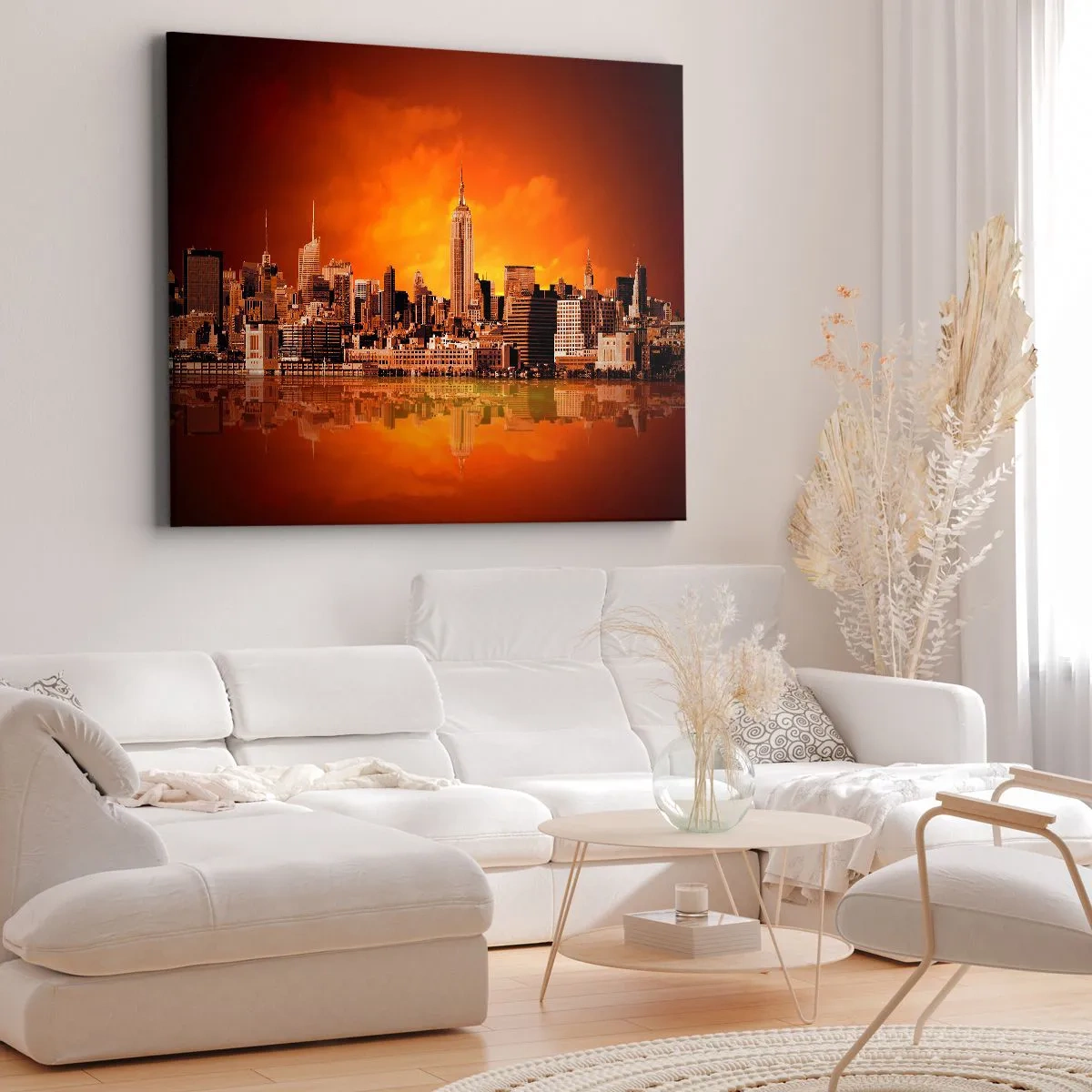 Impression sur toile - Image sur toile - Panorama de la ville au coucher du soleil avec les bâtiments se reflétant dans l'eau - 100x70cm - Panorama de grande ville en jaune et bronze - Décoration murale moderne pour le salon et la chambre ARTTOR
