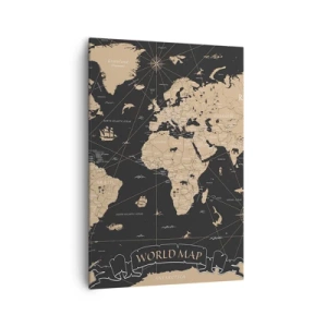 Impression sur toile - Image sur toile - Une carte du monde stylisée sur fond noir avec des accents beiges. - 70x100cm - Les limites de mon monde - Décoration murale moderne pour le salon et la chambre ARTTOR