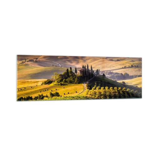 Impression sur verre - Image sur verre - Paysage toscan avec des vignes et une maison sur une colline - 160x50cm - Arcadie - le paysage toscan - Décoration murale moderne pour le salon et la chambre ARTTOR