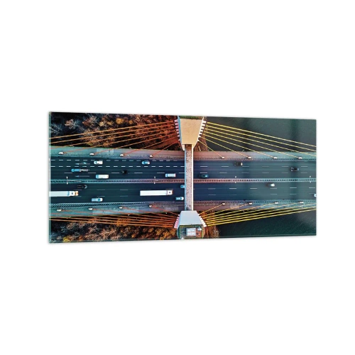 Impression sur verre - Image sur verre - Vue aérienne du pont sur la rivière et du paysage d'automne - 120x50cm - Au dessus de l'eau et de la forêt - Décoration murale moderne pour le salon et la chambre ARTTOR