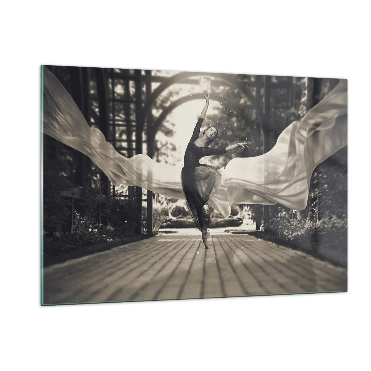 Impression sur verre - Image sur verre - Une danseuse en mouvement sur fond de jardin en noir et blanc. - 120x80cm - La danse de l'esprit jardin - Décoration murale moderne pour le salon et la chambre ARTTOR