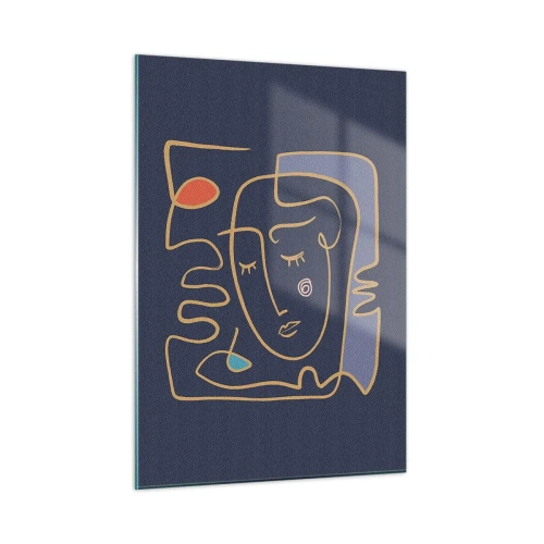 Impression sur verre - Image sur verre - Visage abstrait en contour sur fond bleu marine - 50x70cm - En réflexion - Décoration murale moderne pour le salon et la chambre ARTTOR