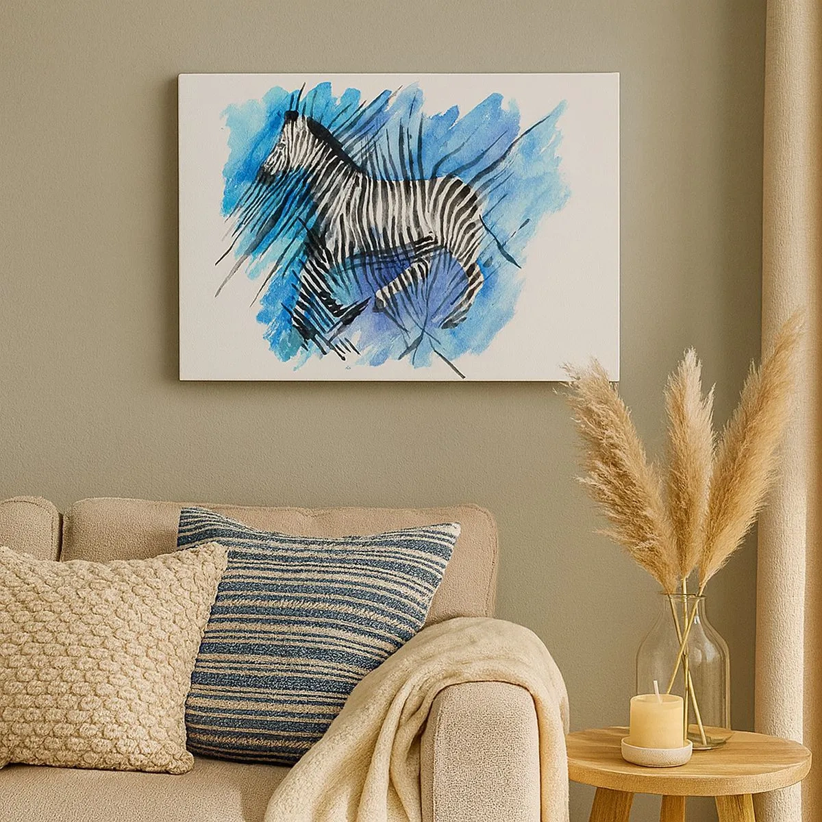 Impression sur toile - Image sur toile - Illustration à l'aquarelle d'un zèbre contre un ciel bleu - 70x50cm - Caché dans les rayures - Décoration murale moderne pour le salon et la chambre ARTTOR