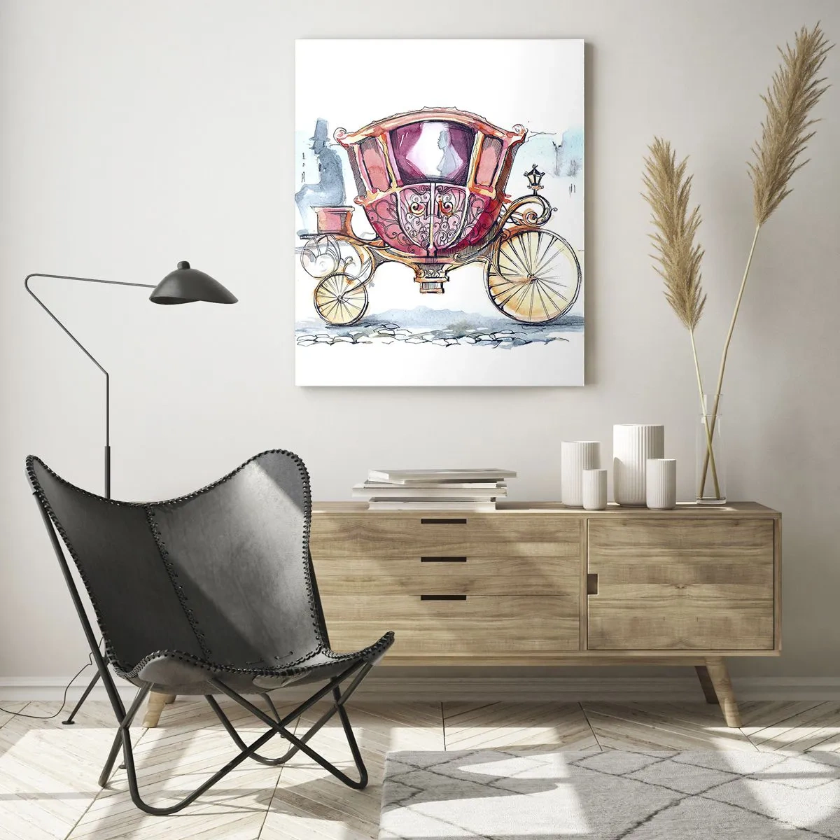 Impression sur verre - Image sur verre - Une élégante calèche de style aquarelle sur fond de rue - 50x70cm - À un mariage ou à un bal ? - Décoration murale moderne pour le salon et la chambre ARTTOR