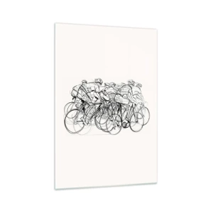 Impression sur verre - Image sur verre - Un groupe de cyclistes en mouvement dans un style minimaliste - 70x100cm - Ensemble en équipe - Décoration murale moderne pour le salon et la chambre ARTTOR