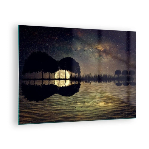 Impression sur verre - Image sur verre - Scène de nuit avec une pleine lune reflétée dans l'eau - 70x50cm - Nuit au bout du monde - Décoration murale moderne pour le salon et la chambre ARTTOR