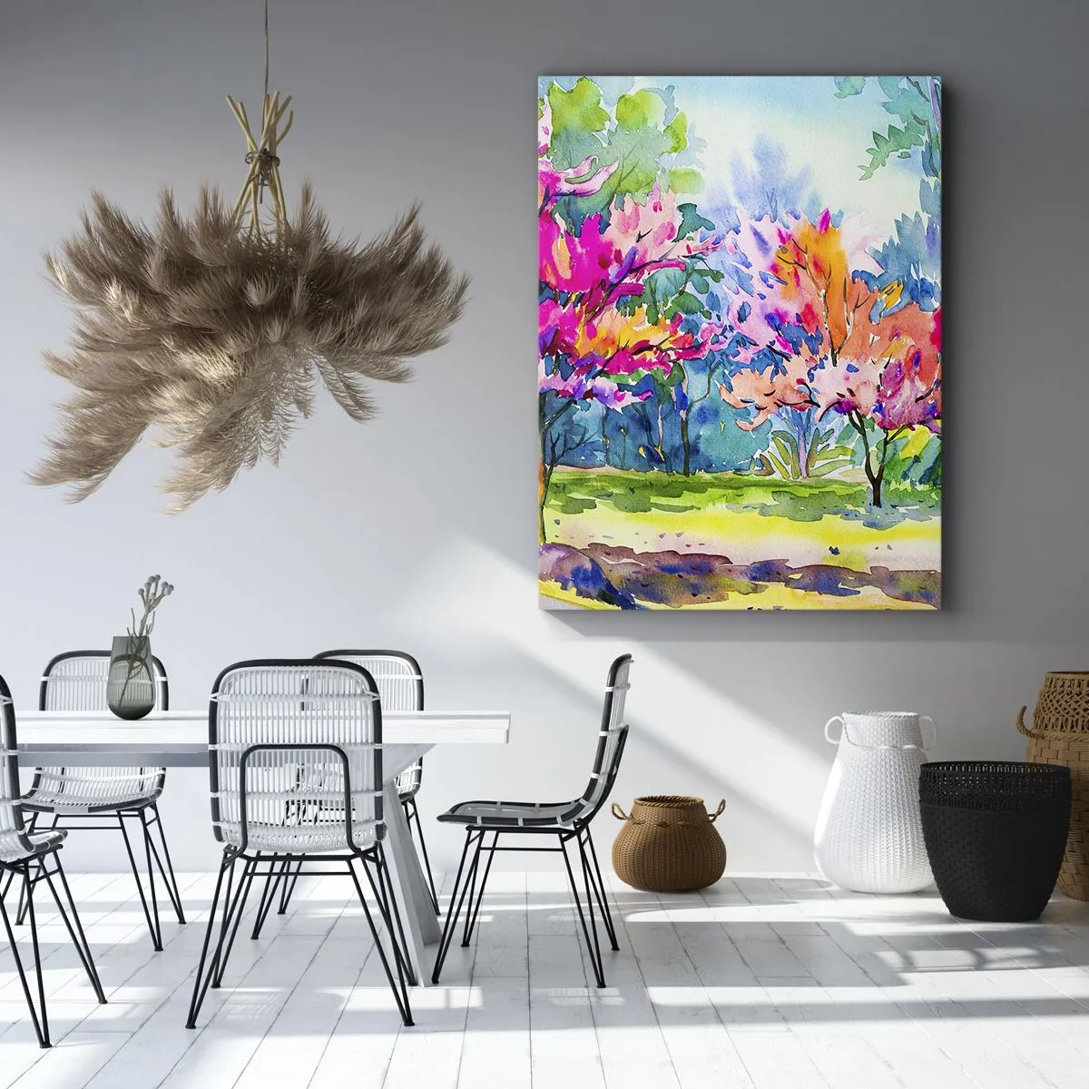 Impression sur toile - Image sur toile - Arbres colorés dans un parc dans un style aquarelle - 80x120cm - Jardin arc-en-ciel à la lumière du printemps - Décoration murale moderne pour le salon et la chambre ARTTOR