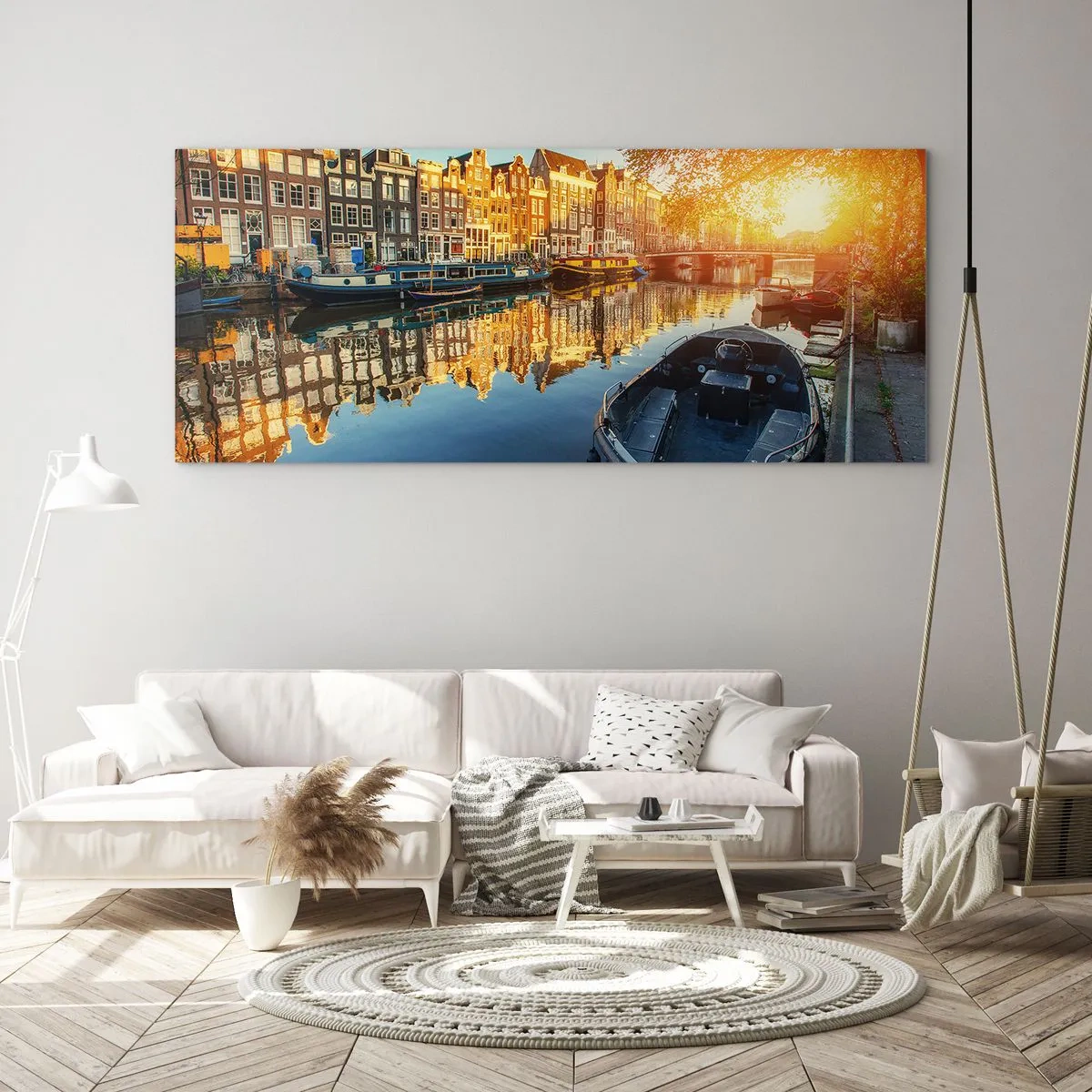 Impression sur verre - Image sur verre - Canal d'Amsterdam au coucher du soleil - 140x50cm - Début de journée à Amsterdam - Décoration murale moderne pour le salon et la chambre ARTTOR